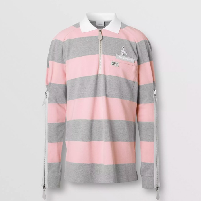 유럽직배송 버버리 남성 롱슬리브 지퍼 디테일 스트라이프 코튼 폴로셔츠 페일 핑크 BURBERRY Man Long-sleeve Zip Detail Striped Cotton Polo Shirt 45637211