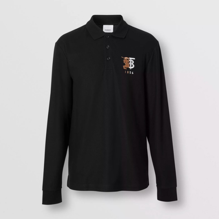 유럽직배송 버버리 남성 롱 슬리브 컨트라스트 로고 그래픽 코튼 폴로셔츠 블랙 BURBERRY Man Long-sleeve Contrast Logo Graphic Cotton Polo Shirt 80257581