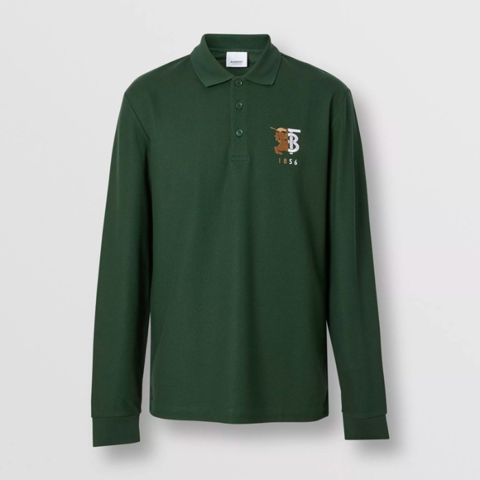 유럽직배송 버버리 남성 롱 슬리브 컨트라스트 로고 그래픽 코튼 폴로셔츠 다크 파인 그린 BURBERRY Man Long-sleeve Contrast Logo Graphic Cotton Polo Shirt 80257591
