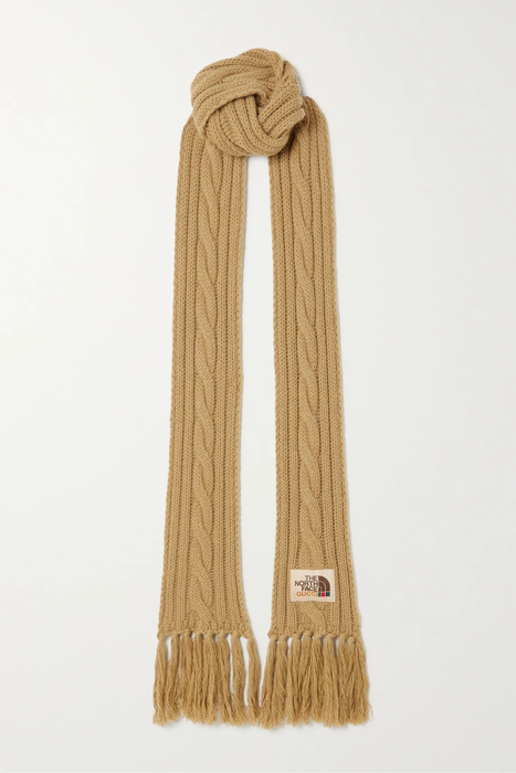 유럽직배송 구찌 스카프 GUCCI + The North Face appliquéd fringed cable-knit wool scarf 29419655932625072