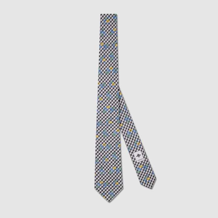 유럽직배송 구찌 GUCCI Gucci Check print silk tie with flowers 6438064E0021069