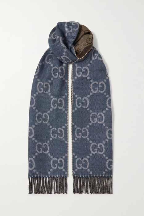 유럽직배송 구찌 GUCCI Reversible fringed logo-jacquard wool scarf 29419655932619466