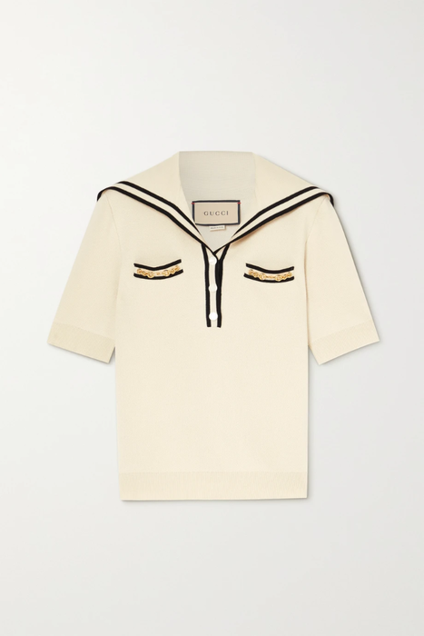 유럽직배송 구찌 셔츠 GUCCI Embellished striped wool-piqué polo shirt 29419655932636191