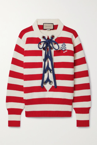 유럽직배송 구찌 스웨터 GUCCI Love Parade lace-up appliquéd striped cotton sweater 45666037504247746